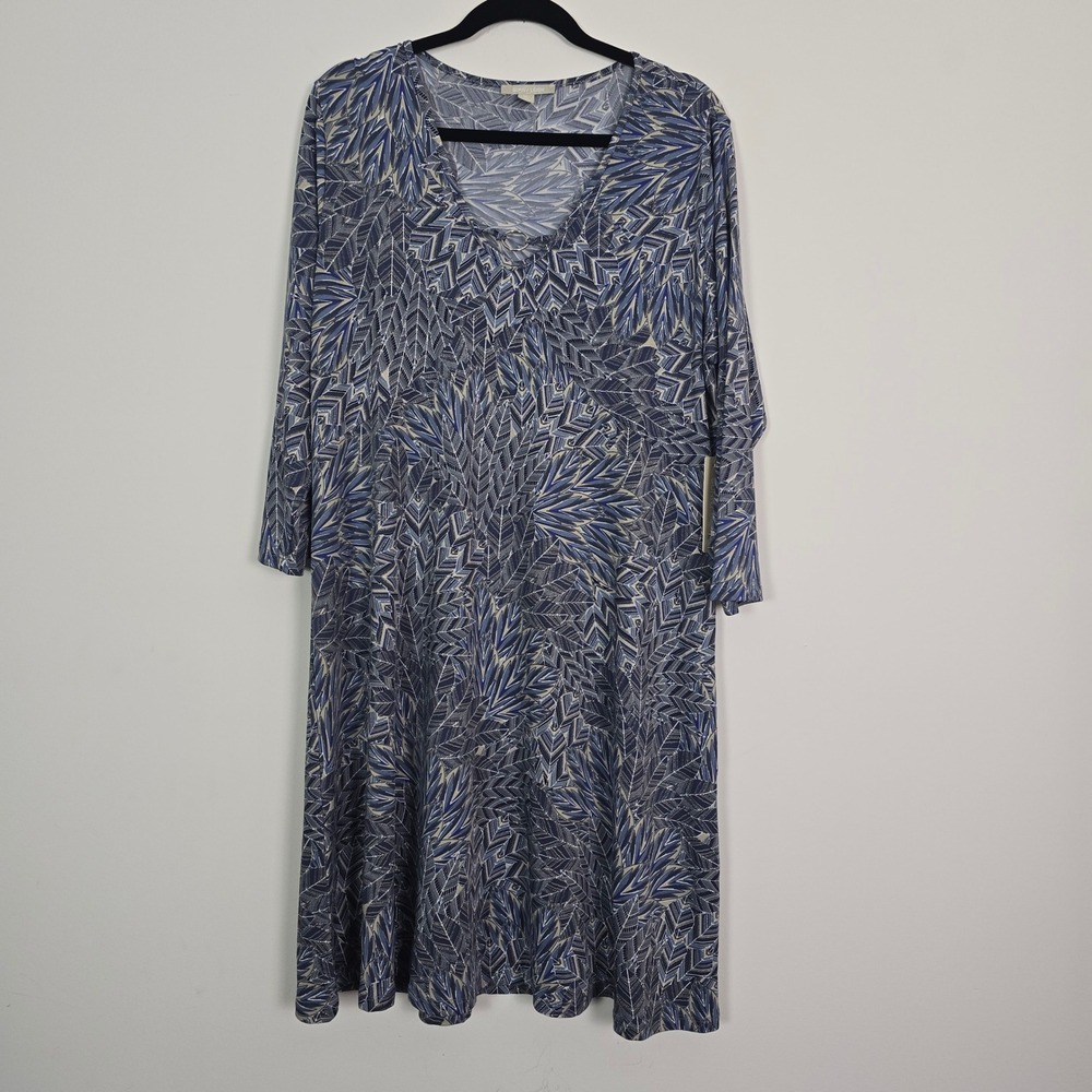 Sunny Leigh Feather Denim Print Dress Womens XL Blue A-Line Art deco - Picture 1 of 9
